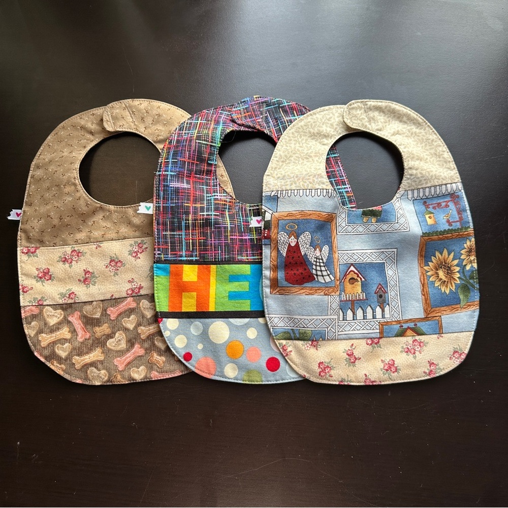 Handmade Colorful Patchwork Baby Bib Set x3 angels ducks sunflowers birdhouse